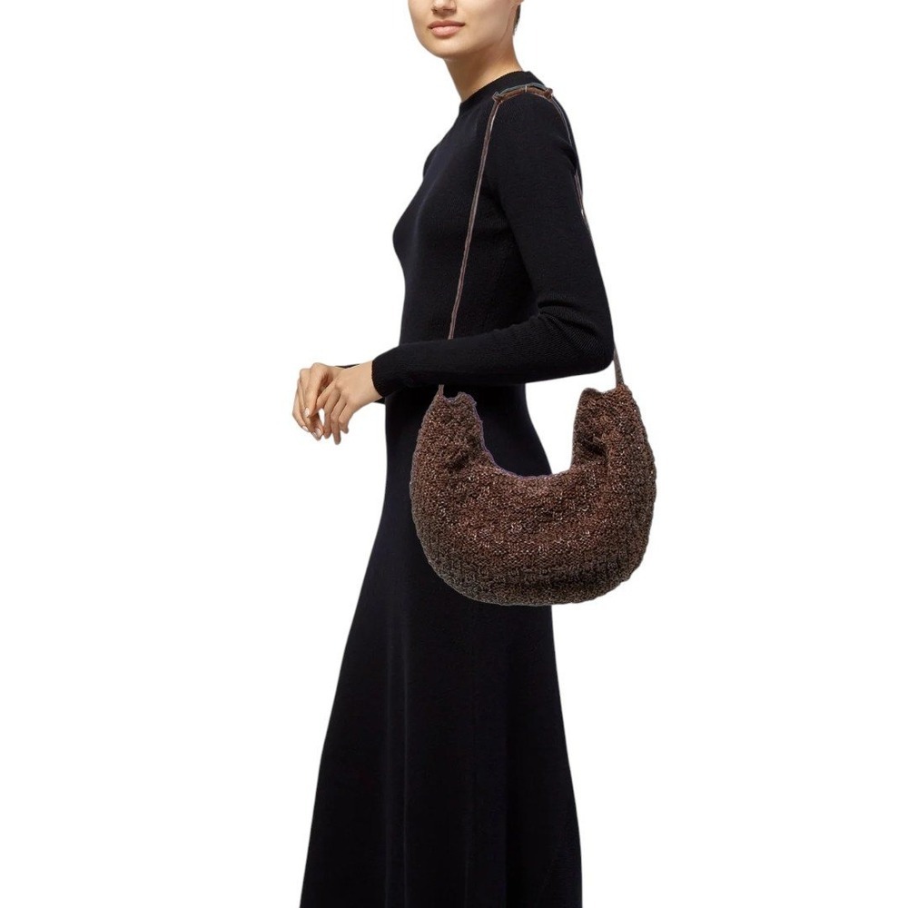 Bottega Veneta Woven Knit Hobo Shoulder Bag Womens Medium Brown Vintage Luxury